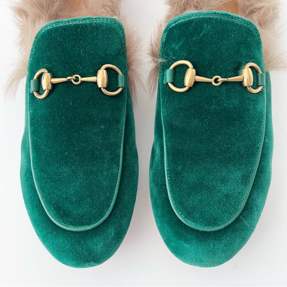 GUCCI | Princetown Fur Horsebit Green Emerald Velvet Velour Mule Slipper Flat - Picture 4 of 11